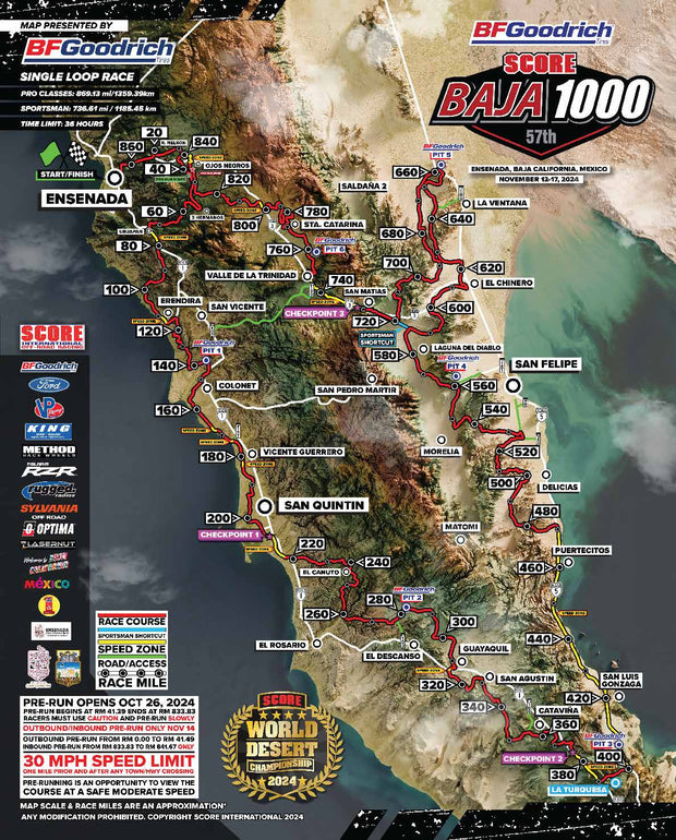 SCORE 2024 BAJA 1000 Official Course Map Poster